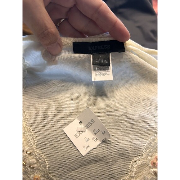 New Express Y2K Beaded Sequin Tunic Top 3/4 Sleeve Cream Casual Size Large Retro - Picture 3 of 6